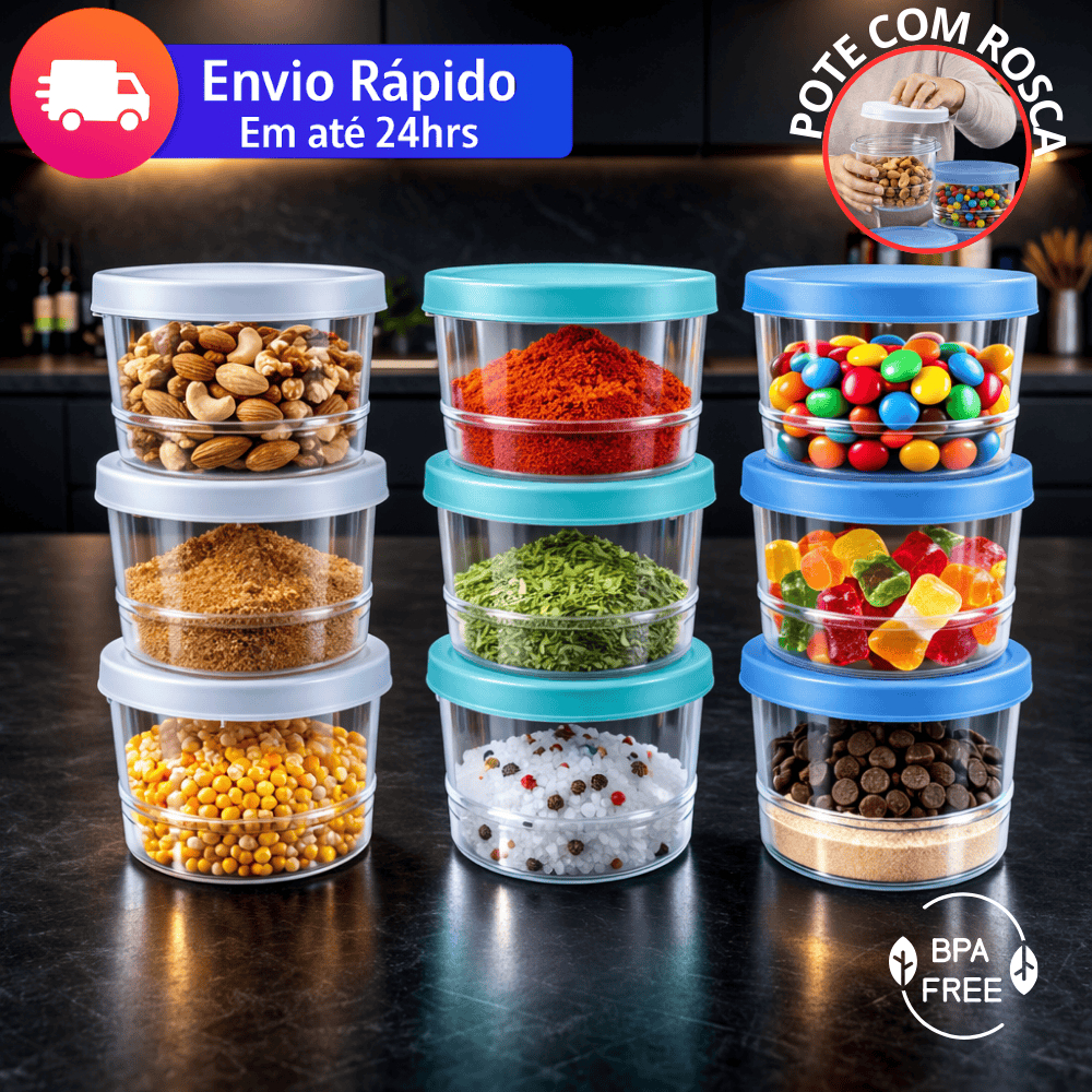 Jogo 12 Potes Redondo 360ml Transparente com Rosca BPA FREE REFORÇADO Pote Mantimentos Tempero Potinho (Cores Sortidos)