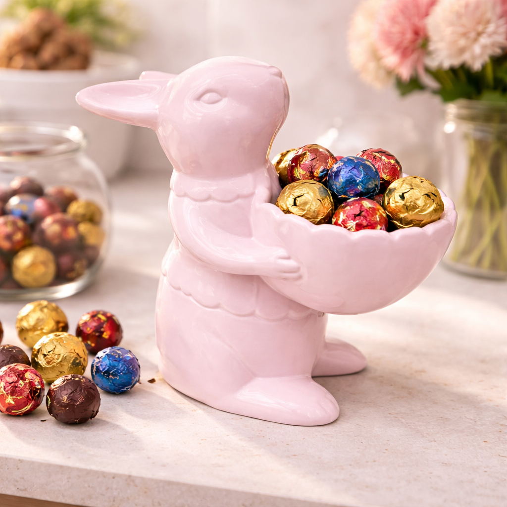 Coelho Páscoa Cesta Cerâmica Decoração Moderno Rosa Candy e Azul Candy