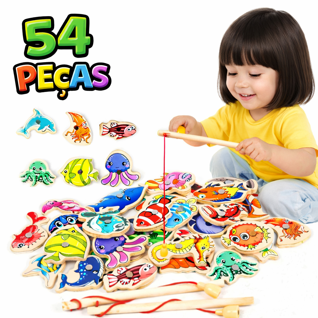 Brinquedo Educativo de Pesca Magnética em Madeira – 54/33 Peças para Crianças em Oferta na Shopee