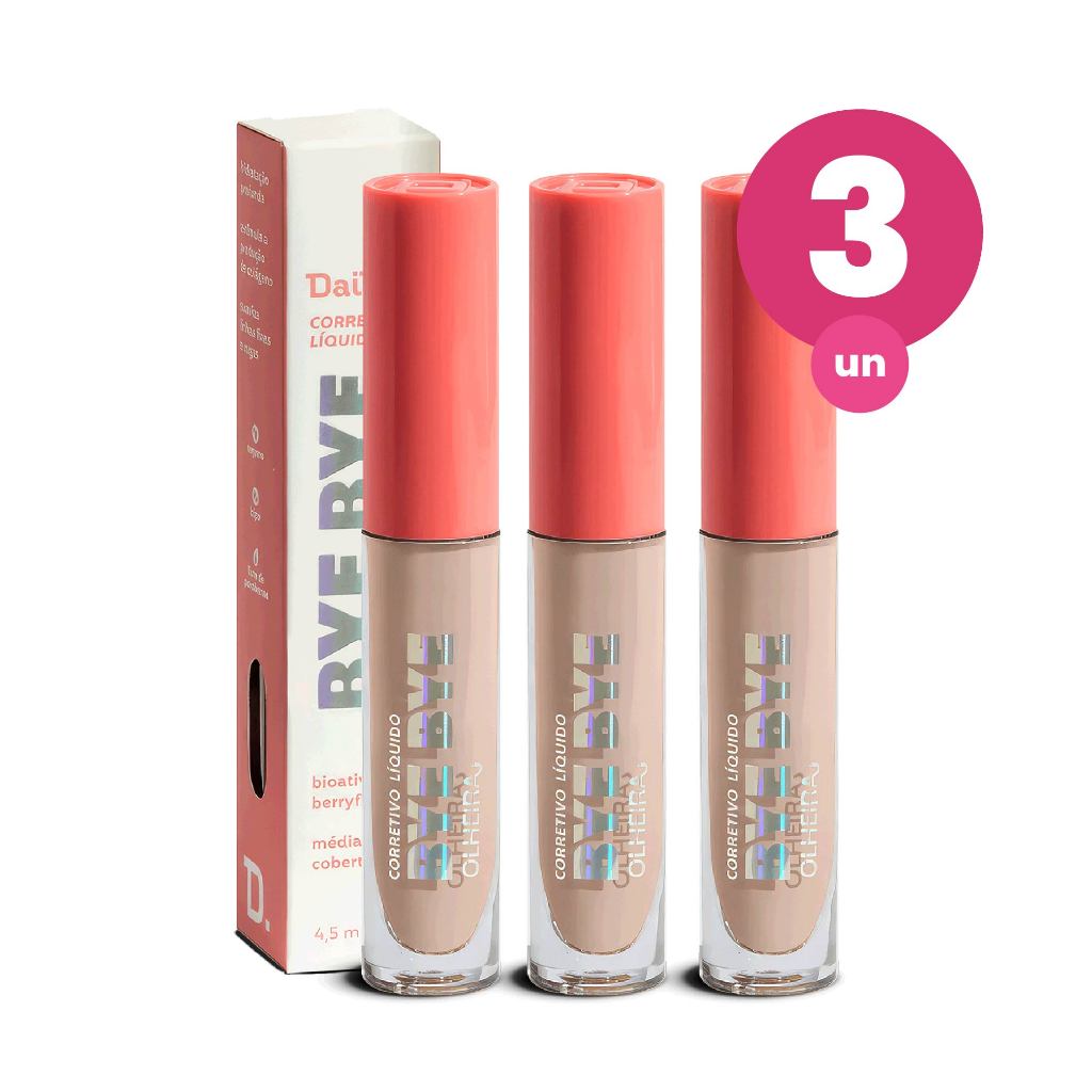 Kit 3 Corretivo Líquido Bye Bye Olheiras Dailus Vegano Cor D1 Claro com Alta Cobertura 4,5ml