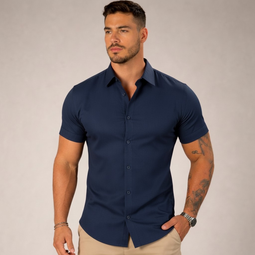 Camisa Social Masculina Slim Fit com Elastano – Manga Curta