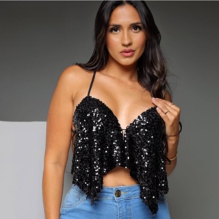 Cropped Feminino Paetê Brilho Balada Festa Frente Única Lurex Detalhe na Frente com Bojo em Oferta na Shopee