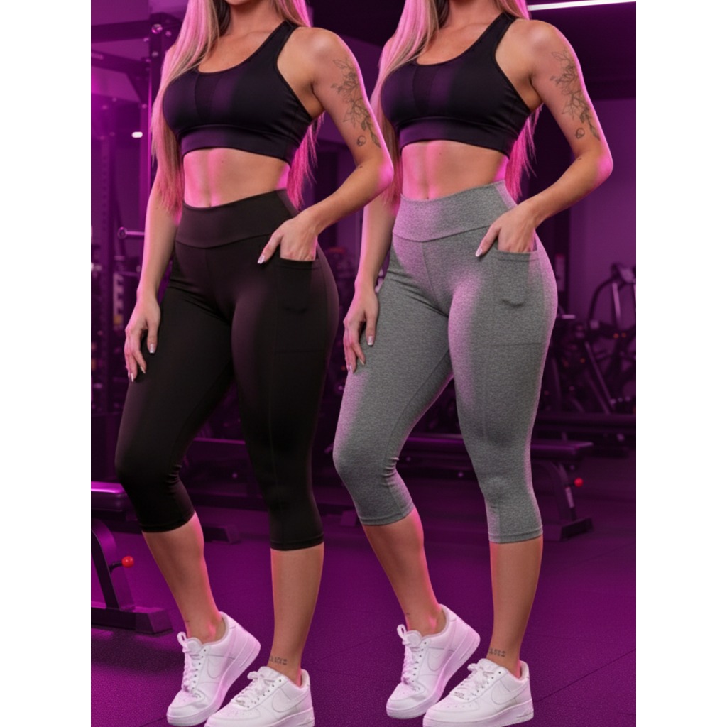 Kit 2 Calças Capri Corsário Legging Academia 2 Bolsos