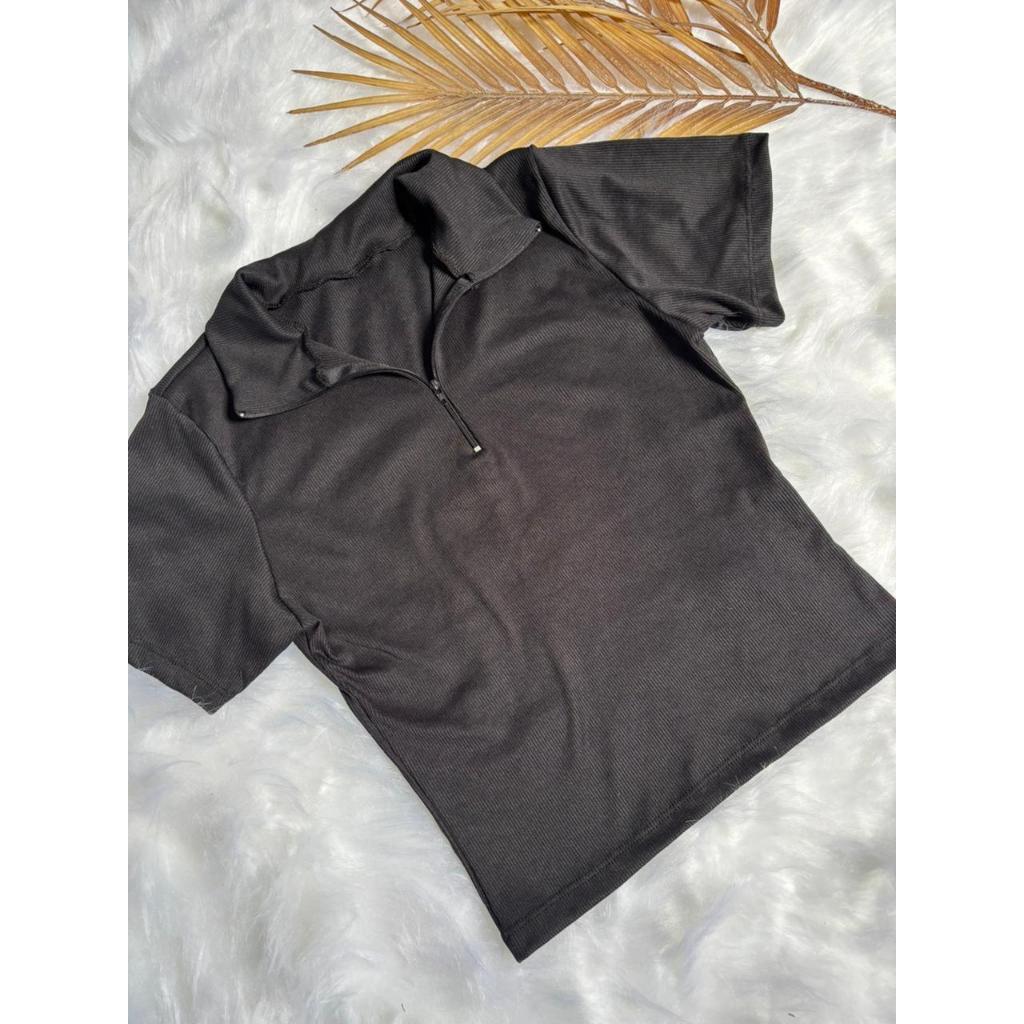Blusa Feminina Polo Zíper Decotada Manga Curta Ribaninha Canelado Casual Diário Tendência Outuno