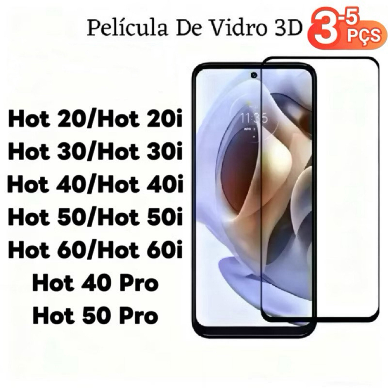Kit 3Pçs/5Pçs Película De Vidro Temperado 3D Para Infinix Hot 60 50 40 30 20 60i 50i 40i 60i 20i 30i Pro