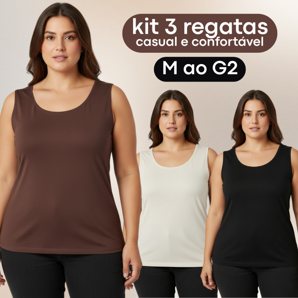 Kit 3 Blusas Regata Feminina Plus Size Alça Larga Básica Confortável Modelagem Ajustada Uso Diário em Oferta na Shopee