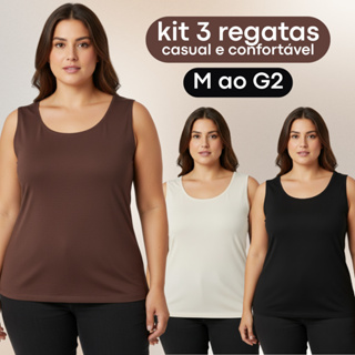 Kit 3 Blusas Regata Feminina Plus Size Alça Larga Básica Confortável Modelagem Ajustada Uso Diário em Oferta na Shopee