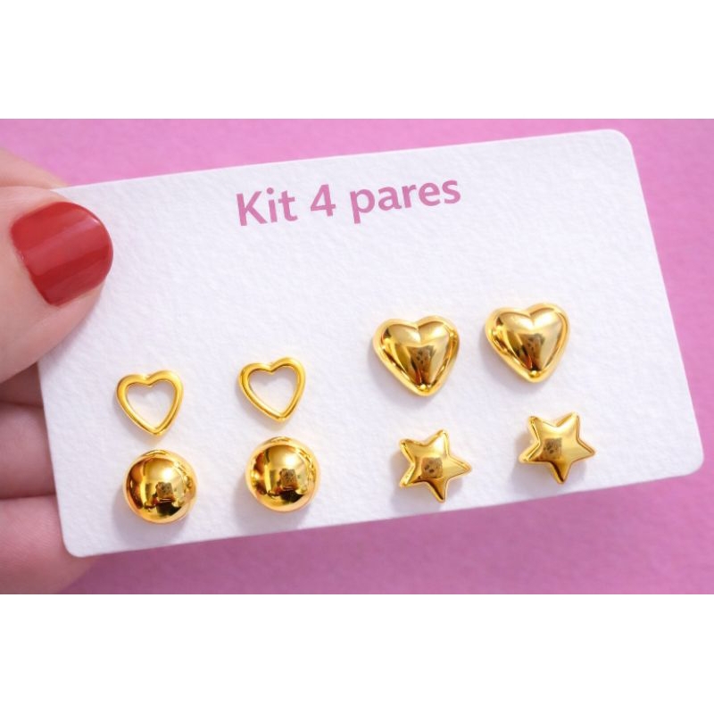 Kit 4 Pares Brincos Feminino Dourado Coração Estrela Bolinha Delicado Minimalista