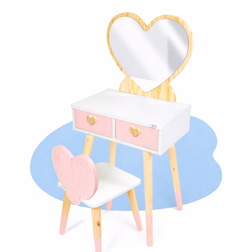 Imagem Penteadeira Cadeirinha Espelho Coração Madeira Infantil Faz de Conta Beleza Quarto Brinquedo Criança Kit Livro Educativo