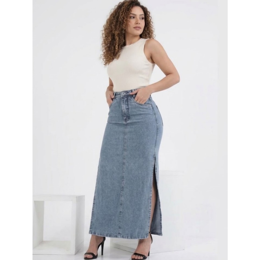 Saia Longa Jeans Abertura Lateral Cintura Alta em Oferta na Shopee