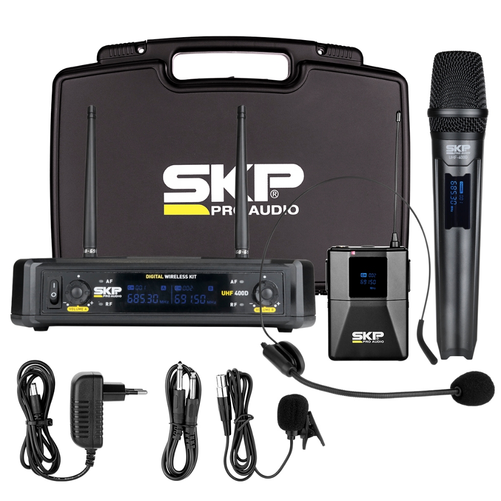 Microfone Profissional Sem Fio De Mão UHF400-D SKP Pro Audio + Lapela Headset Bodypack Receptor UHF