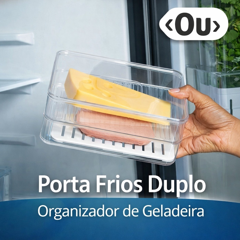 Porta Frios Duplo Organizador de Geladeira Transparente Com Divisória Queijo Presunto OU