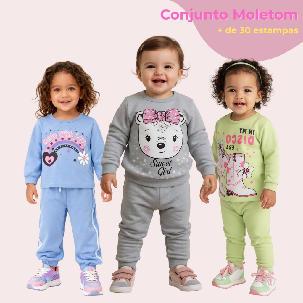 Conjunto Moletom Infantil de Inverno Estampas Sortidas Menina Estampado e Liso 1 a 8 anos