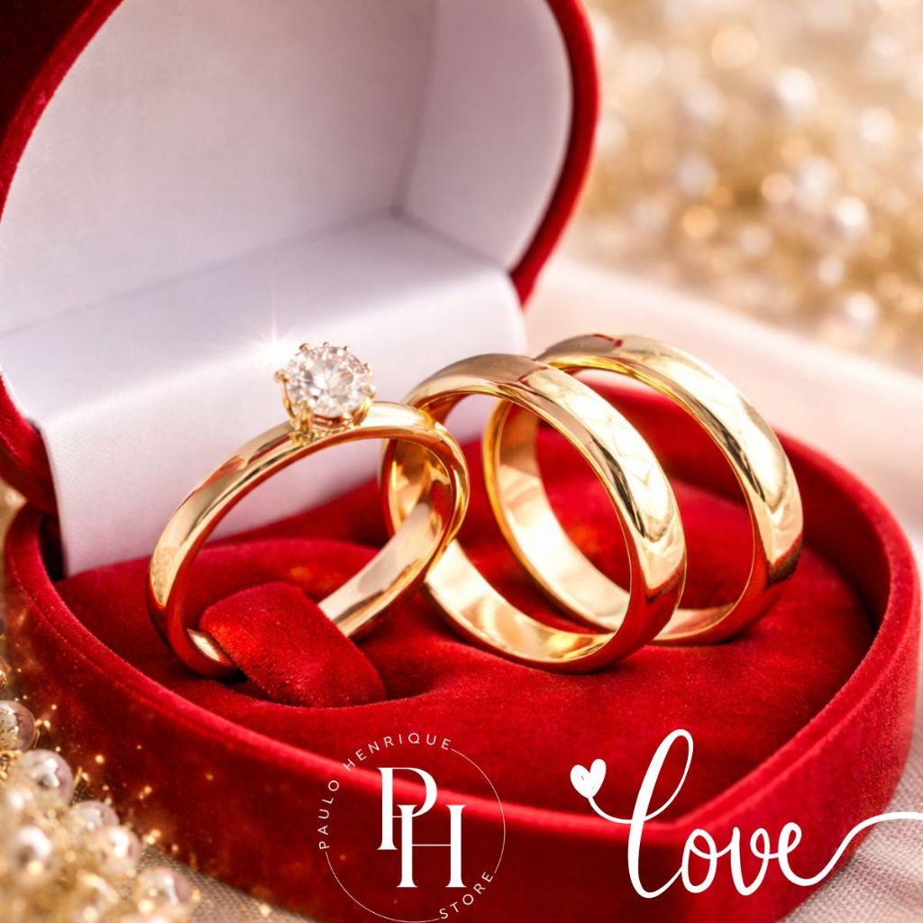 Par de Alianças + Anel Solitário 4mm Moeda Antiga cor de Ouro 18k Luxo Noivado Casamento com Caixa em Oferta na Shopee