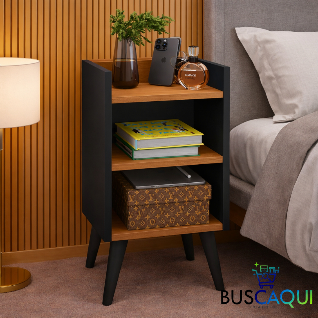 KIT 2 OU 1 UNID Mesa de Cabeceira Retrô Com 2 Nichos e Suporte P/ Celular Organizador Quarto Moderno