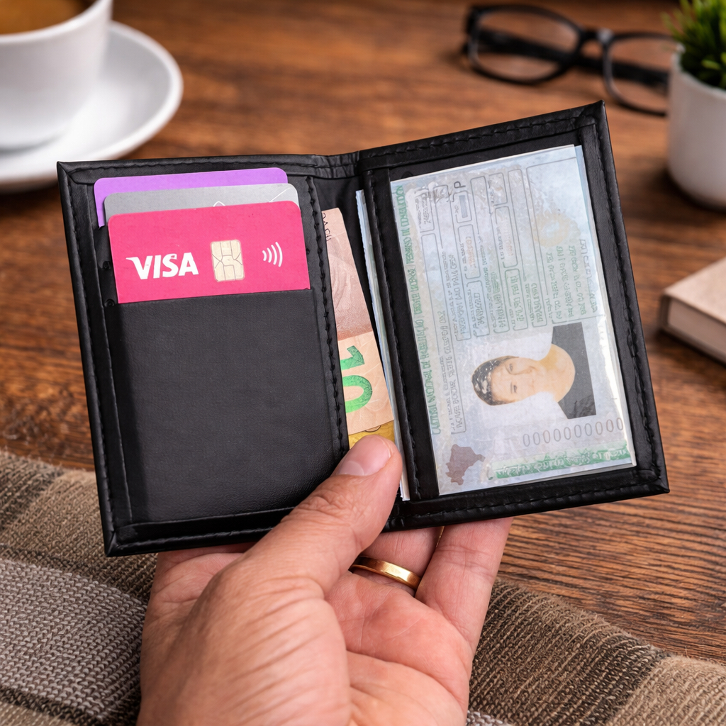 Carteira de Couro Masculina  Slim Porta Cartão  CNH Cedulas Premium