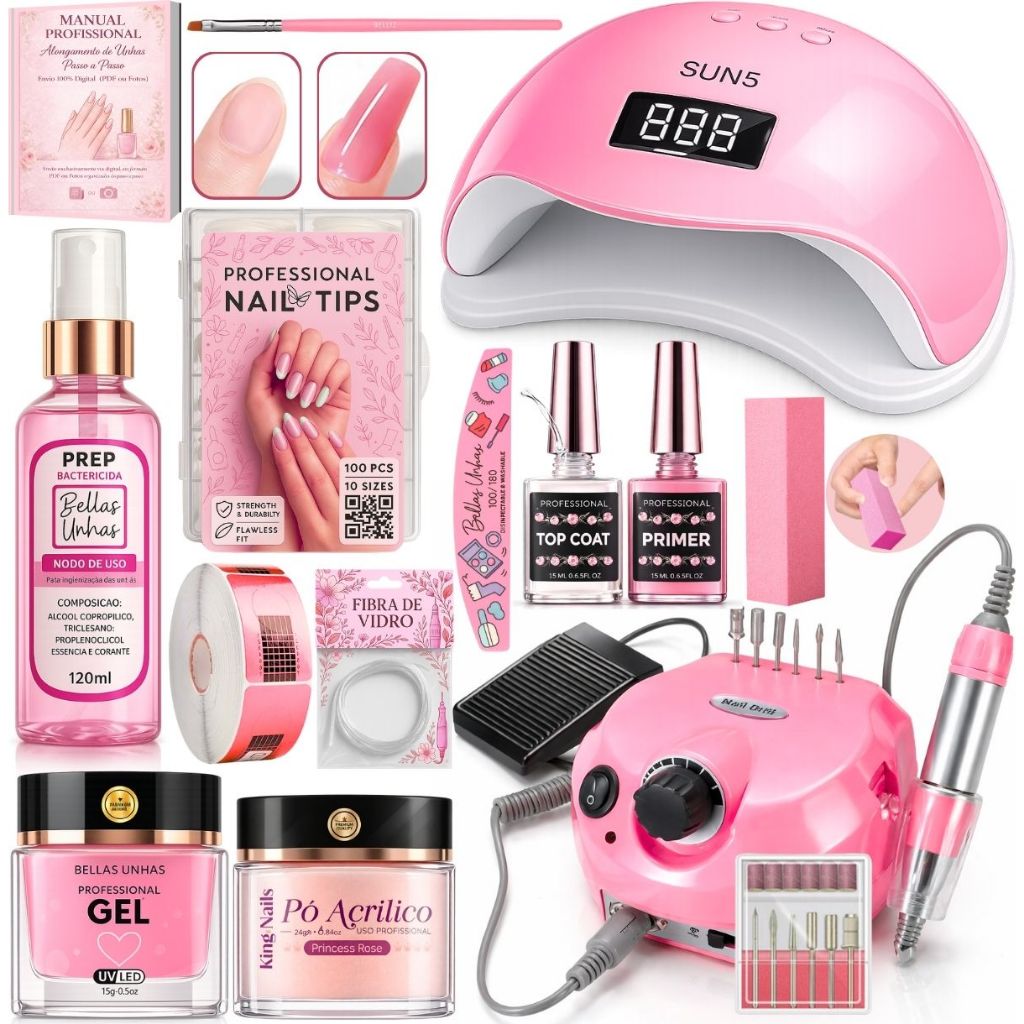 Kit Unhas De Gel Cabine Sun Lixadeira Alongamento Completo Extensão Porquinho Profissional Iniciante