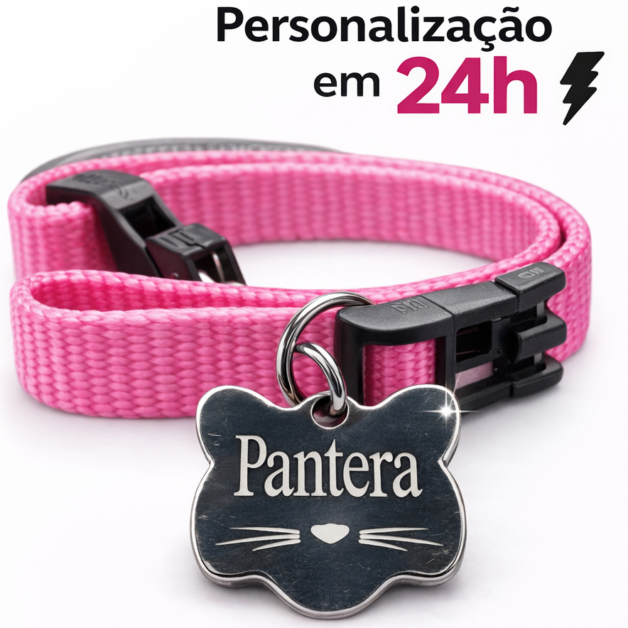 Kit Identificação Pet Personalizado Gato | Coleira + Plaquinha com Nome e Telefone | Gravação Laser em Oferta na Shopee