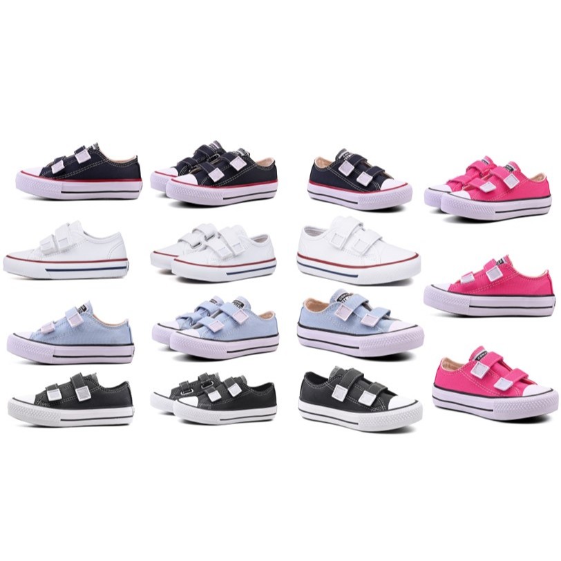 Tênis Infantil Kids Old Star com Velcro Couro Preto e Branco
