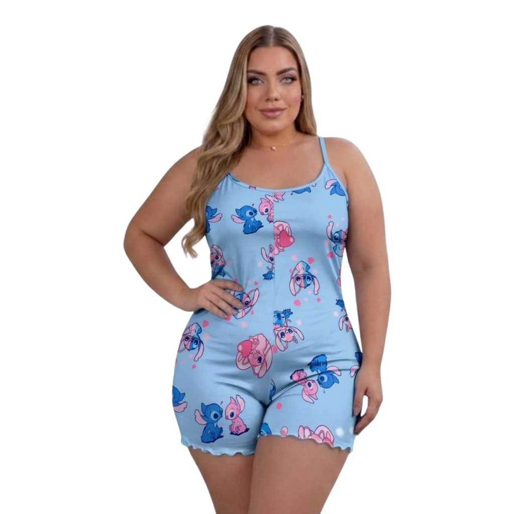 Pijama Macaquinho Alcinha Plus Size Personagens De Dormir Estampado Confortável Soltinho
