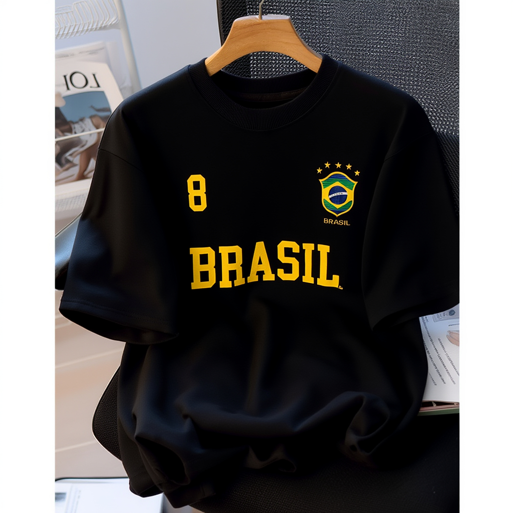 Camiseta Copa do Mundo Brasil Futebol Algodão Seleção Brasileira Número 8 Casual Streetwear