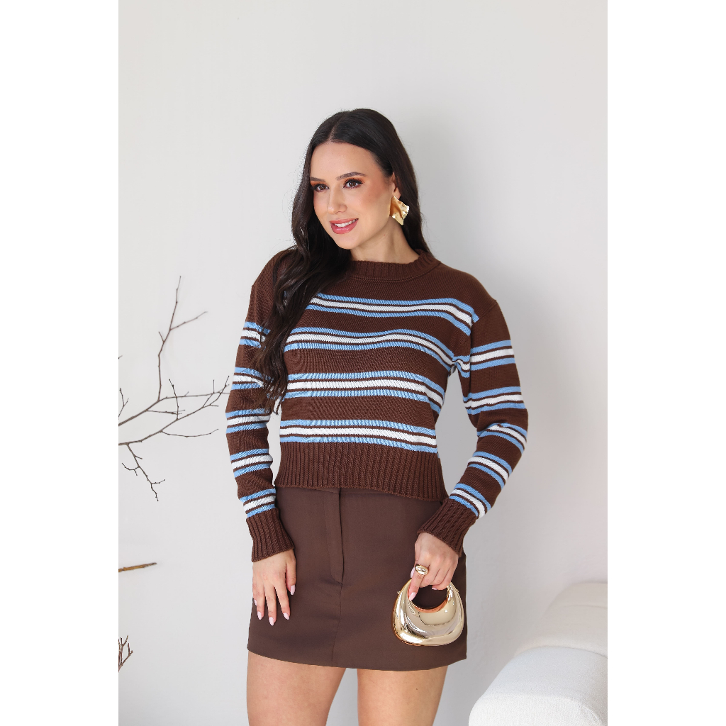 BLUSA FEMININA TRICOT LISTRADA GOLA REDONDA TRICOT PREMIUN ESTILOSA MANGA LONGA TENDENCIA INVERNO