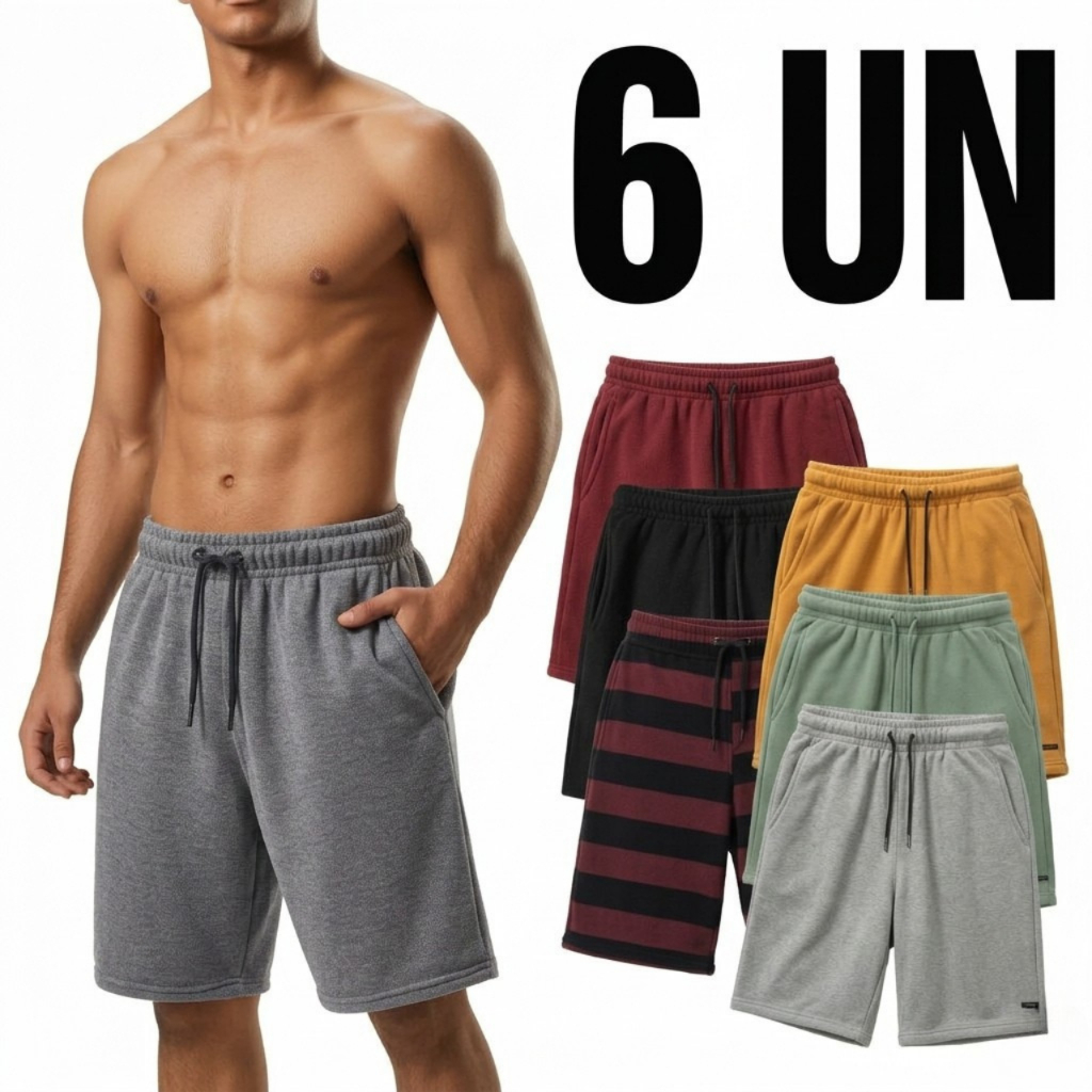 Kit 6 Bermuda Moletom Masculina de Treino Academia Lisas com Bolso Cores Sortidas - Promoção !