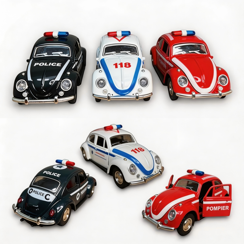 Carrinho de Ferro Fusca Miniatura Policia Bombeiro Ambulancia Abre Portas Capô