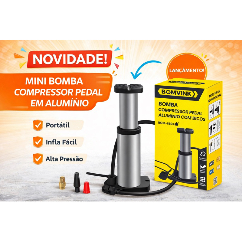 Mini Bomba Compressor Pedal Alumínio com Bicos – Portátil e Prática