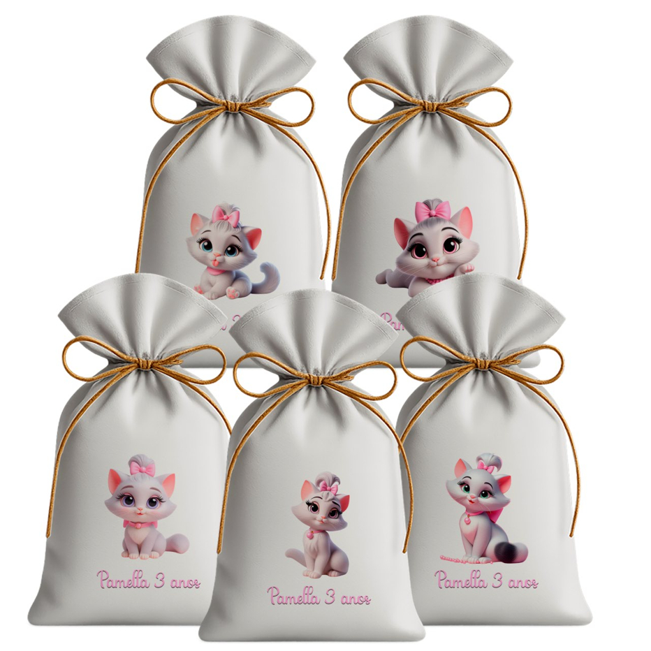 Saquinho Sacolinha Lembrancinha Festa Aniversário Infantil Tecido Personalizado Gata Marie 3D
