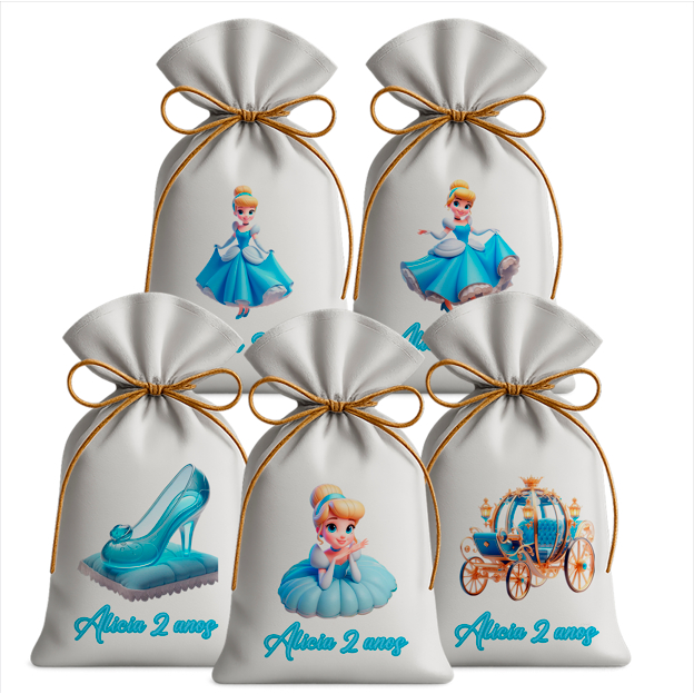 Saquinho Sacolinha Lembrancinha Festa Aniversário Infantil Tecido Personalizado Cinderela 3D