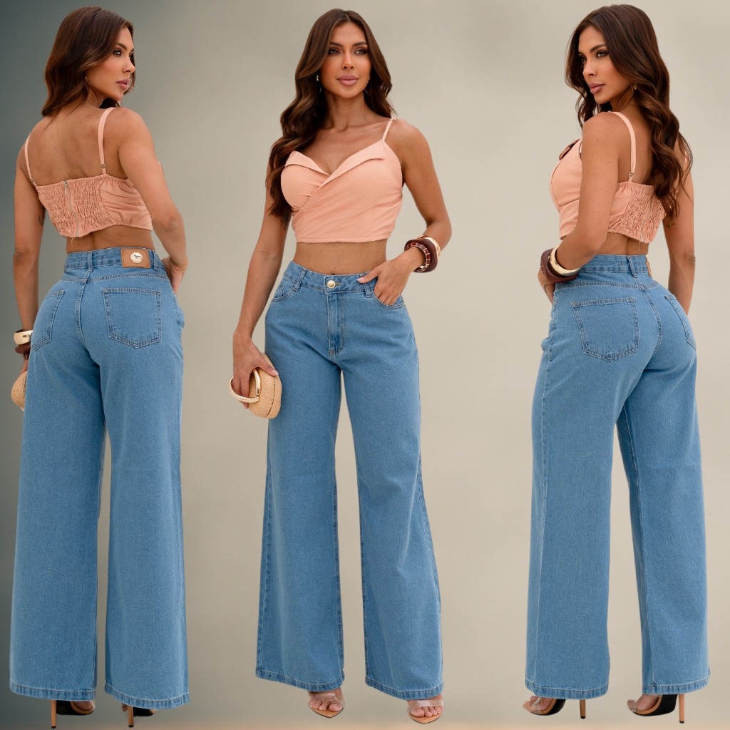 Calça Jeans Feminina Wide Leg Cintura Alta 100% Algodão Modeladora Premium Lavagem