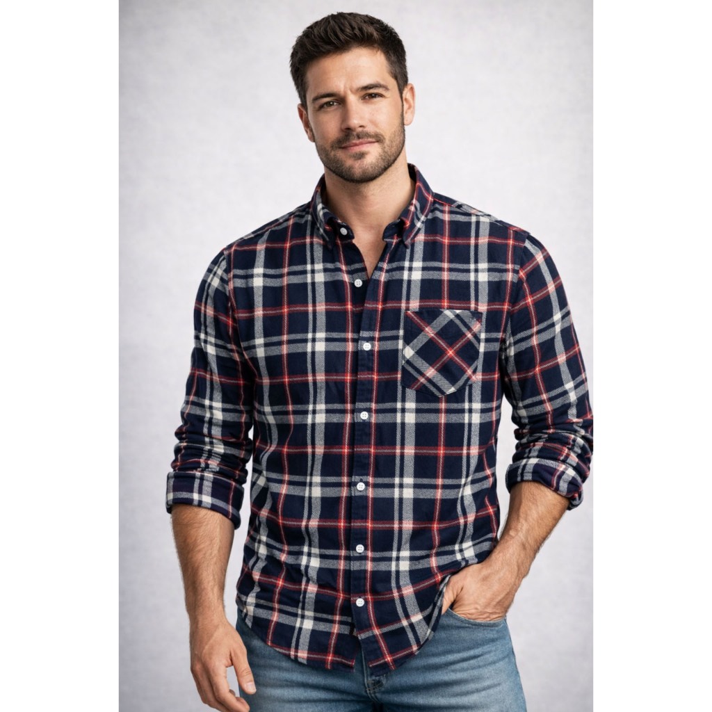 Camisa Masculina Flanela Social Manga Longa Xadrez Lenhador Bom Pano Azul/Preto/Branco