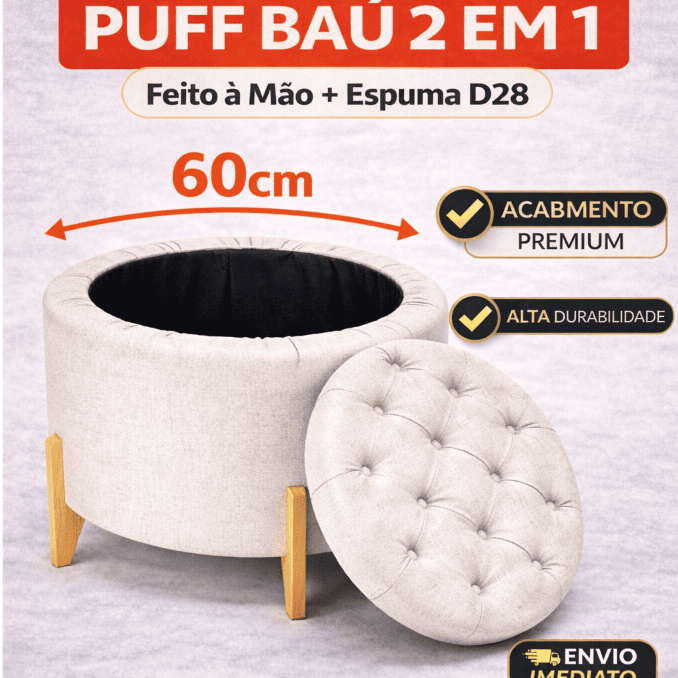 Puff Baú Redondo 60cm Capitonê Luxo | Assento + Baú Organizador | Linho ! D28 | Pés de Madeira em Oferta na Shopee