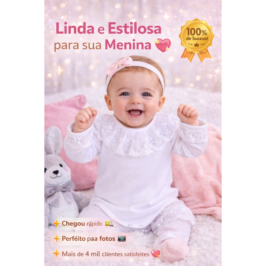 Body Bebê Menina Manga Longa 100% Algodão com Gola e Punhos em Renda Luxo para Batizado e Enxoval