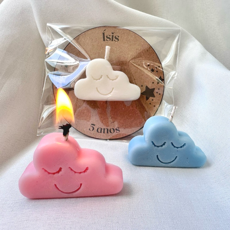 Vela aromática nuvem com cartão personalizado | lembrancinha aniversário, batizado, maternidade