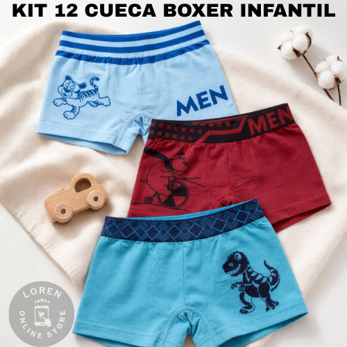 Kit 12 Cuecas Box Boxer Infantil Juvenil MEN Criança Bebê Masculino