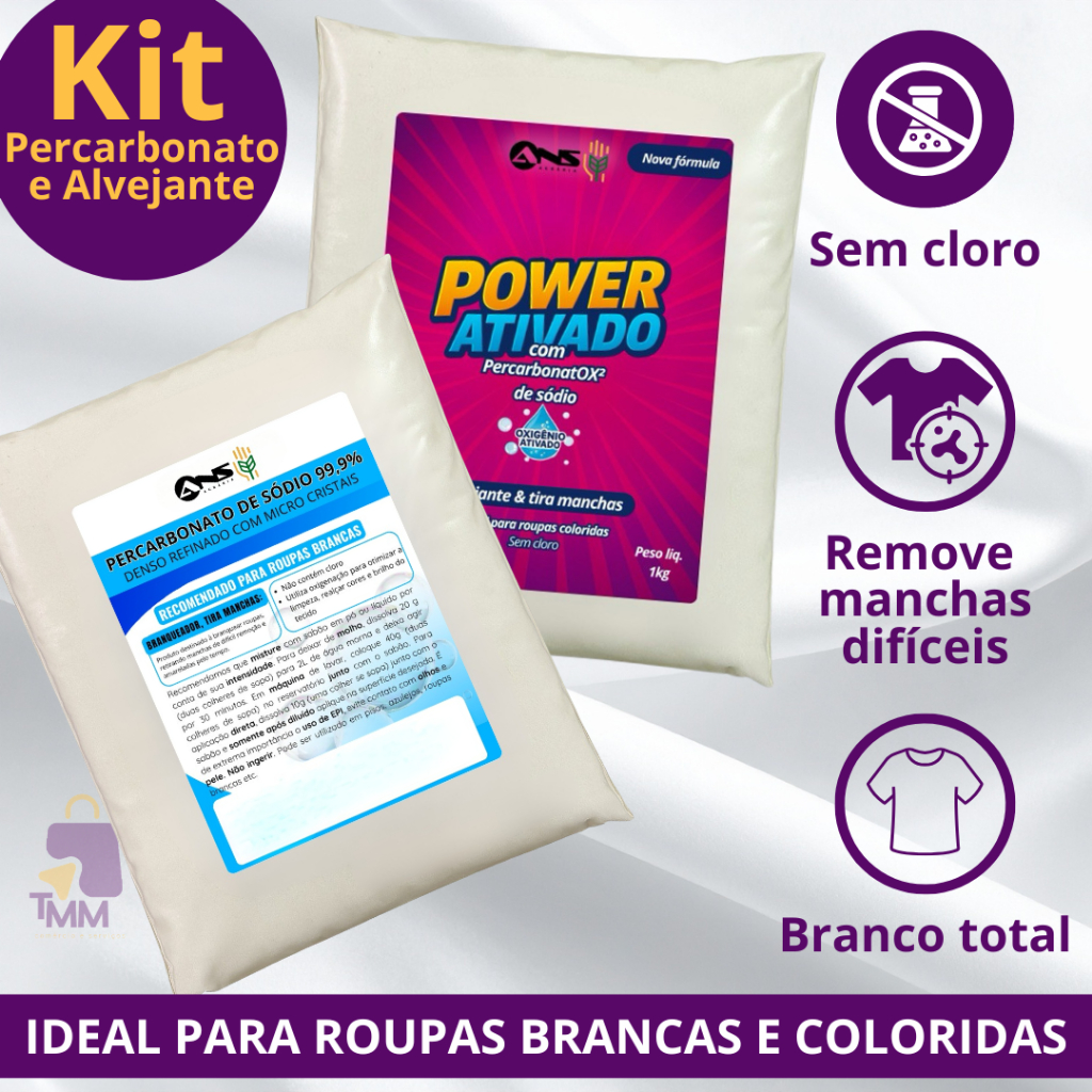 Kit 1 Kg de Alvejante Power Ativado e 1 Kg de Percarbonato de Sódio Tira Manchas Sem Cloro em Oferta na Shopee