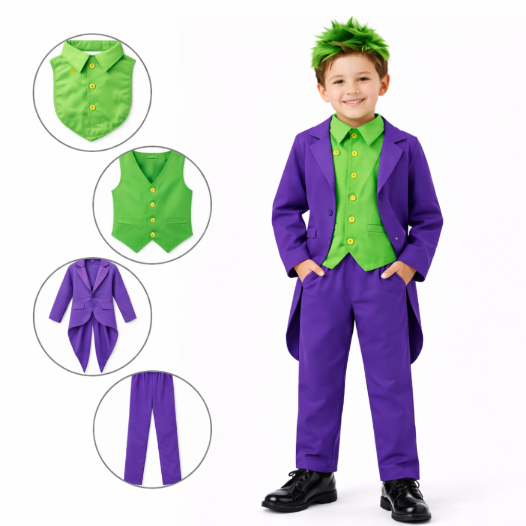 Fantasia do Coringa Infantil Joker Menino Unissex 4 pçs Paletó Calça Colete Gravata Joker Halloween Festa Aniversário