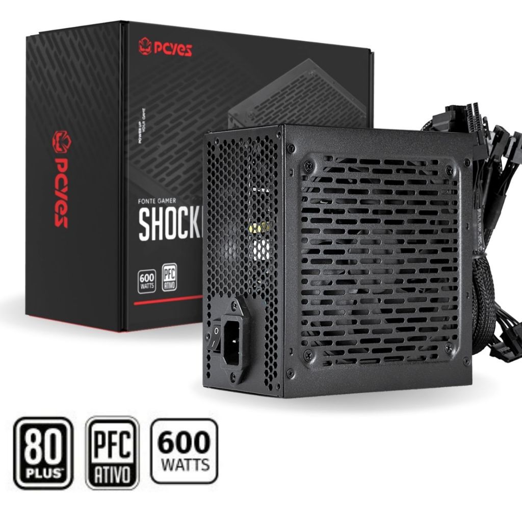 Fonte ATX Gamer Pcyes Shocker 600w 80plus White Pfc Ativo Bivolt 110/220v Silenciosa