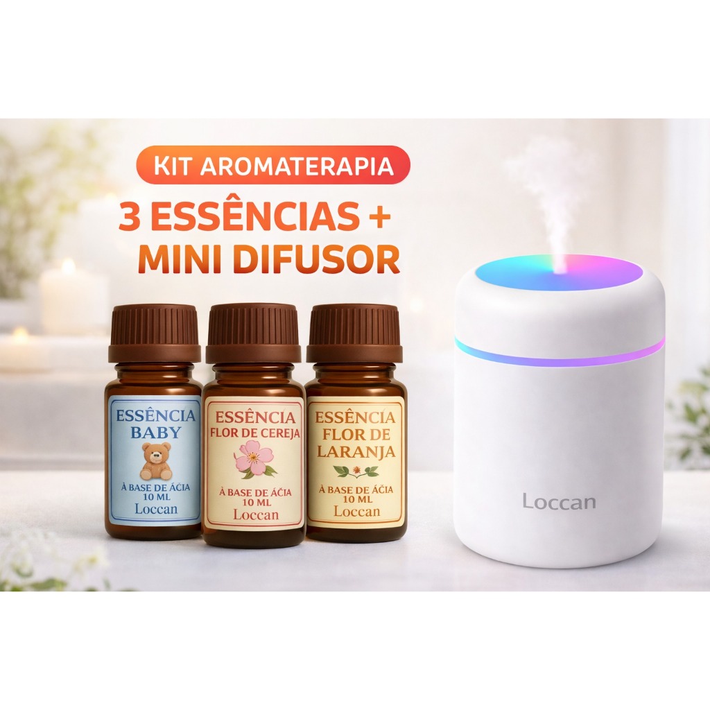 Umidificador De Ar Mini Led + 3 Essências 10ml Loccan p/ Difusor de Ambientes a Pronta Entrega
