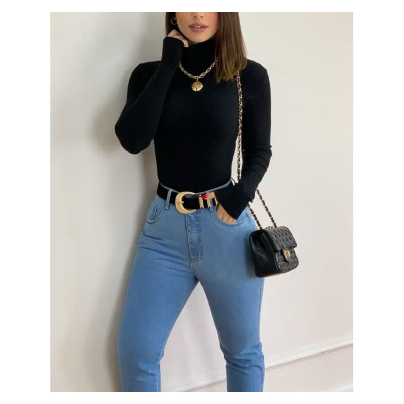 Blusa Feminina Gola Alta Manga Comprida Canelada Cacharrel Elegante
