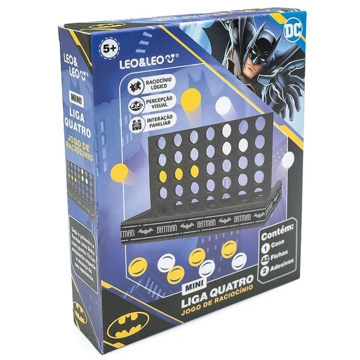 Jogo de Raciocínio Liga Quatro Batman,  Leo&Leo - Caixa c/ 42 Peças + 2 Adesivos + 1 Base.