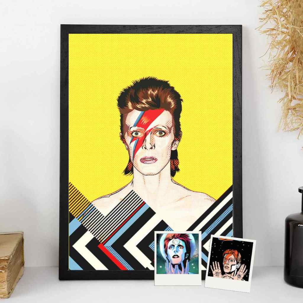 Quadro Decorativo David Bowie Com Moldura 32x20 - Várias Artes + 2 Fotos Polaroids Rock Albuns Stardust Fall of