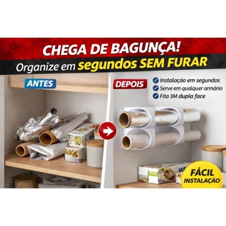 Porta Papel Alumínio e Filme PVC Duplo Sem Furar | Organizador de Armário com Fita 3M | Suporte Cozinha 4,5cm em Oferta na Shopee
