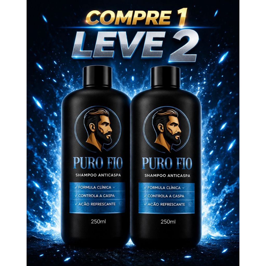 Kit 2 Shampoo Anticaspa Puro Fio tira a caspa 250ml 3 em 1 Cabelo, Barba, Bigode, Pronta Entrega Envio Imediato