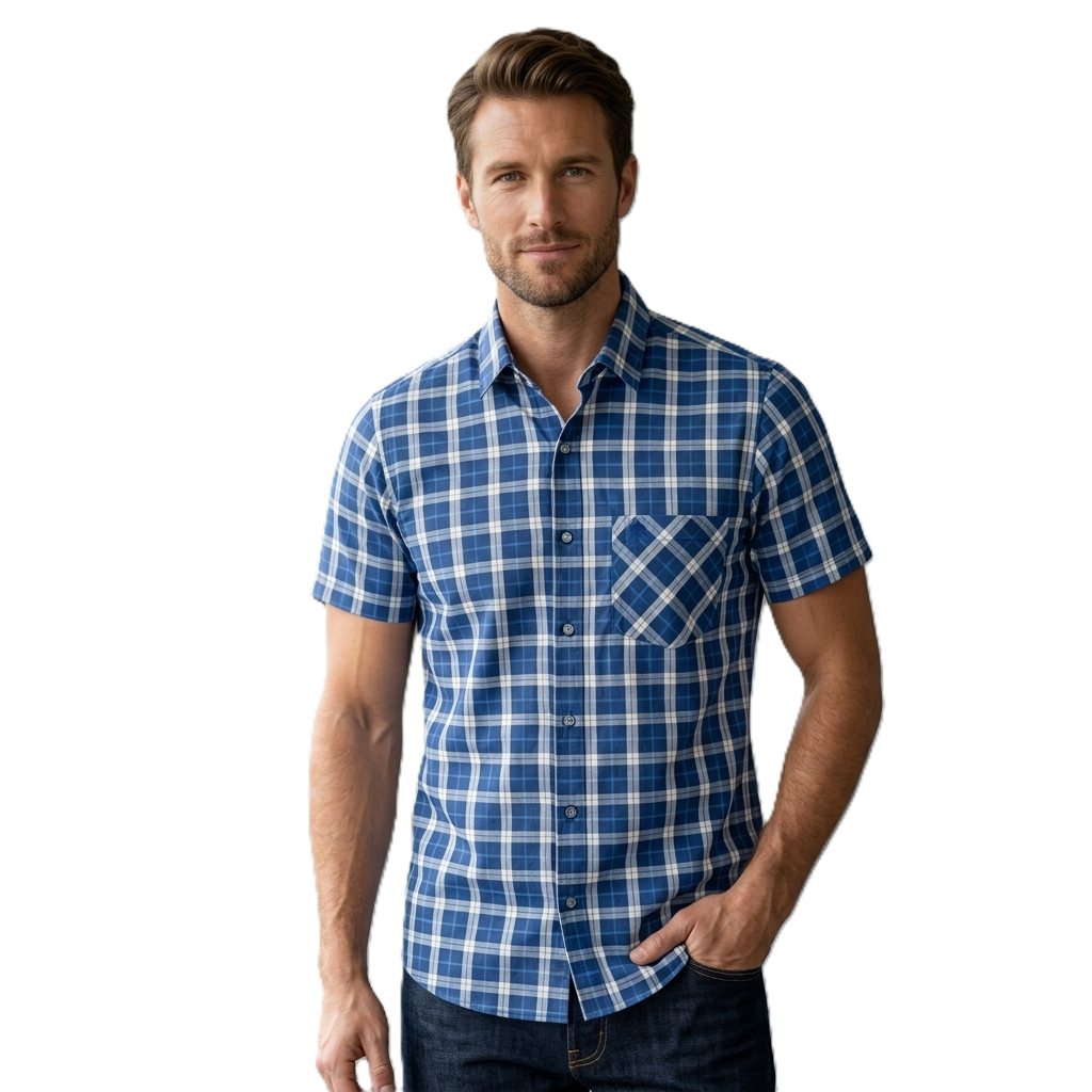 Camisa Masculina Manga Curta Comfort Platon Xadrez Fio Tinto 100% Algodão Com Bolso Pala Dupla