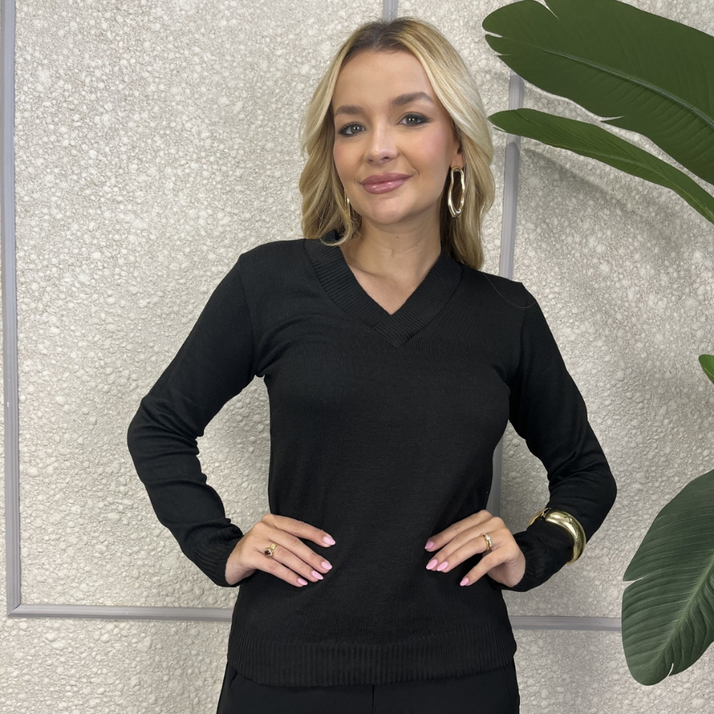 Blusa De Frio Feminina Tricô Gola V Suéter Tricot Lã Canelado Lisa