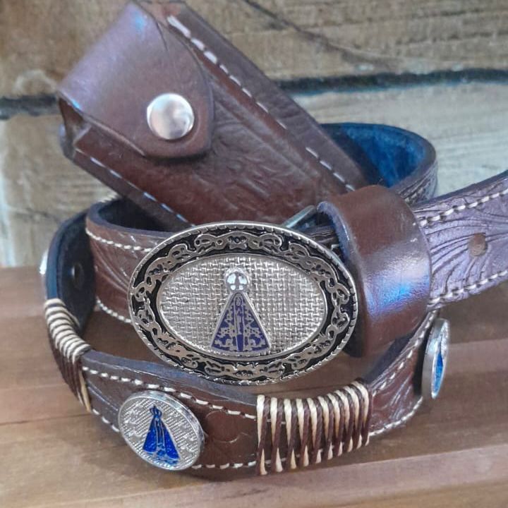 Novidade Kit Cinto Infantil Nossa Senhora Couro Legítimo + Bainha de Canivete Cavalinho Couro Legítimo Muita Qualidade