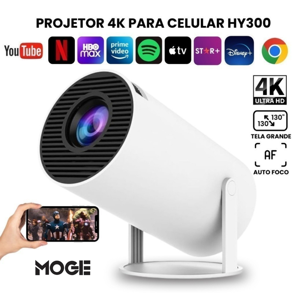 Projetor Smart Android 11 | WiFi 6 Bluetooth 5.0 | 4K Suporte | 130” | Portátil | HY300